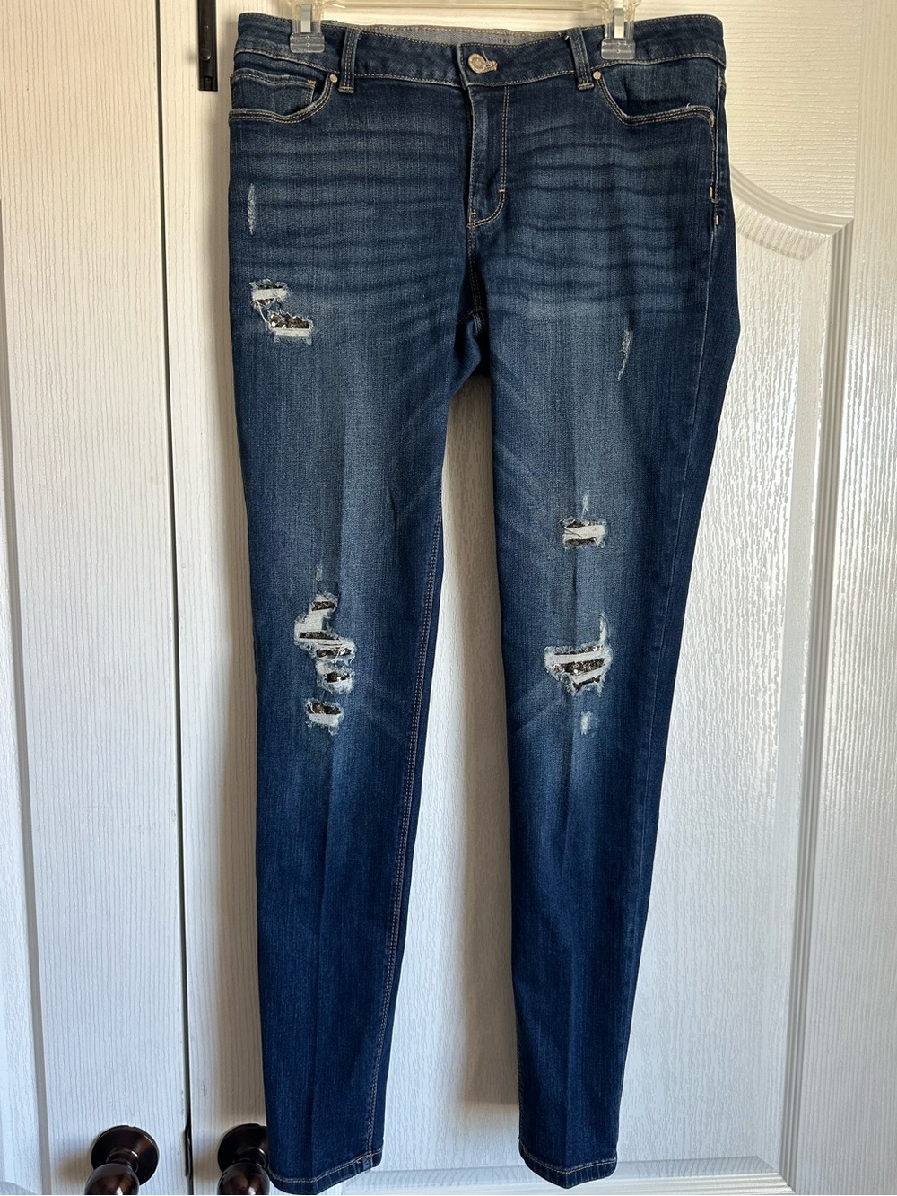 WHBM Sequin Jeans Distressed Dark Wash 10L Long White House Black Market
